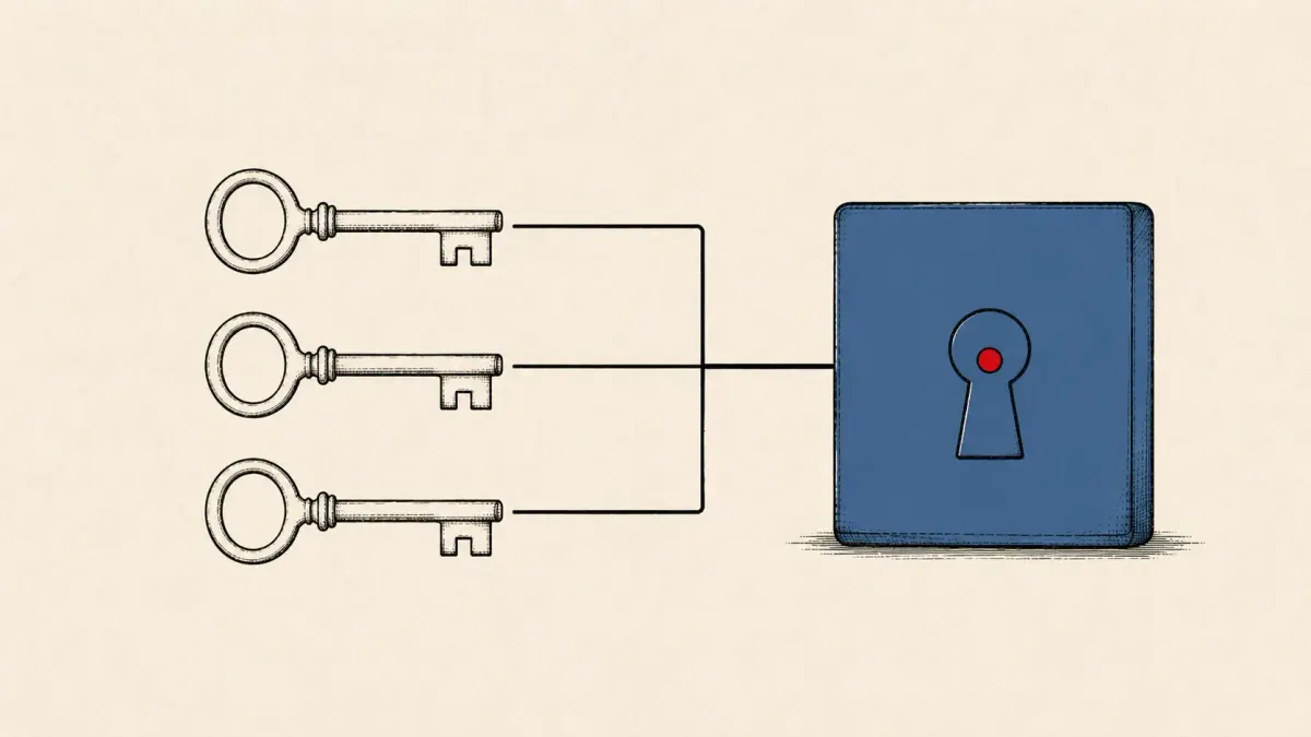 Flat white line-art of three key-shaped drivers feeding one control panel, on a deep teal background — SilverFox's three-driver BYOVD chain and ValleyRAT.