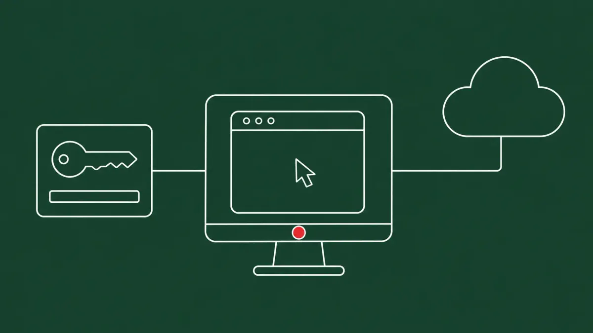 Flat white line-art of a remote-desktop monitor, a credential card and a cloud, on a Forest Green background — SimpleHelp CVE-2026-48558.