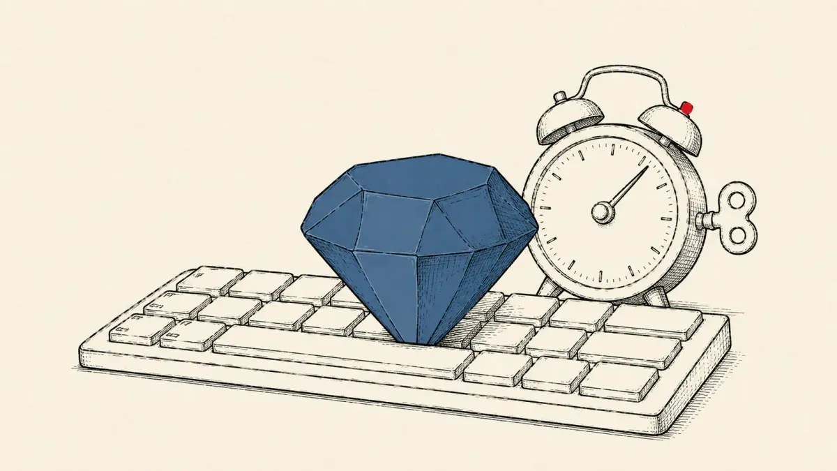 Editorial illustration of a gem-shaped package hiding a dormant timer over a developer's keyboard, marking the SleeperGem RubyGems supply-chain attack.