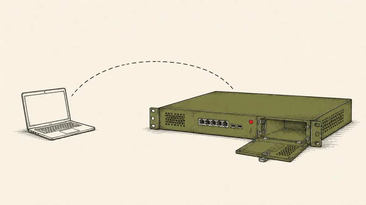 Editorial illustration of a remote laptop tunnelling to a gateway appliance with its door open, marking active SonicWall SMA zero-day attacks.