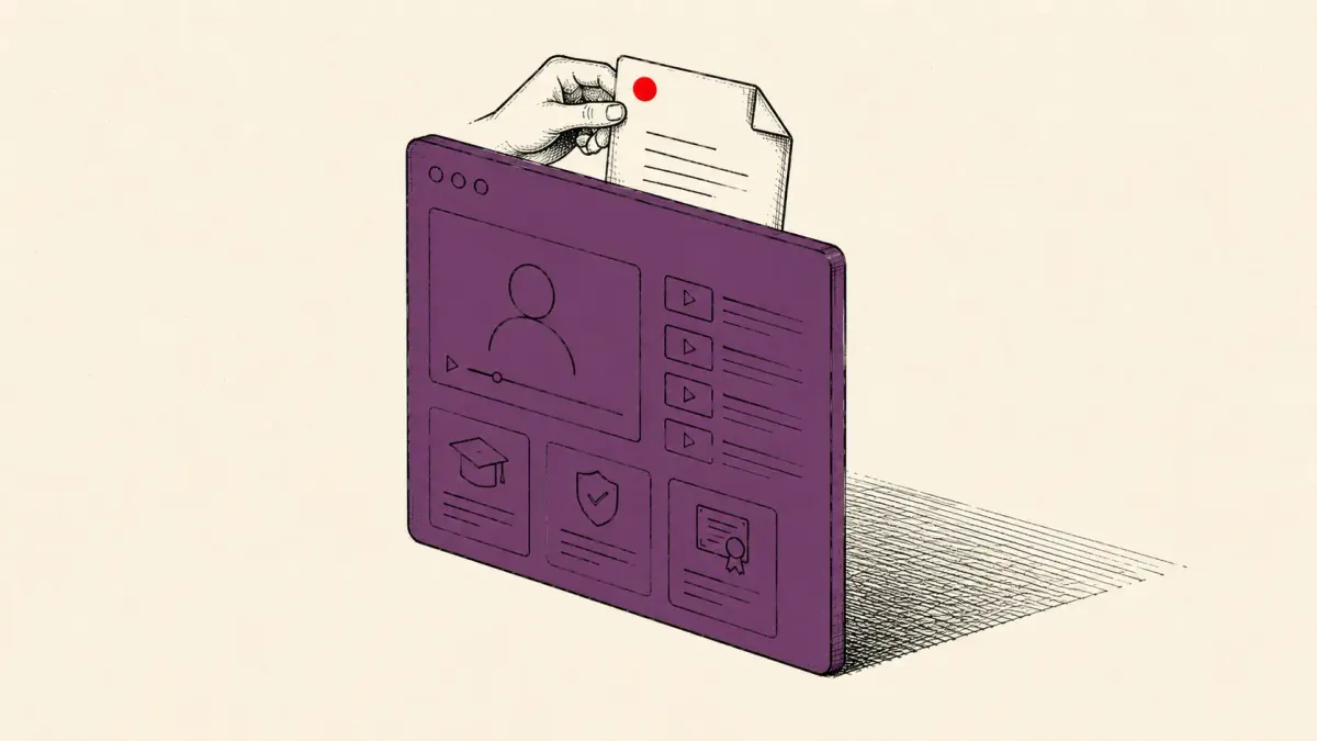 Editorial illustration of a diplomatic training portal with a long shadow and a lifted file, marking South Korea's nine-month diplomatic-academy breach.