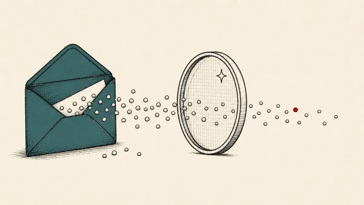 Editorial illustration of an email with hidden salt grains slipping past an AI filter lens, marking the text-salting technique seen in over a million phishing emails.