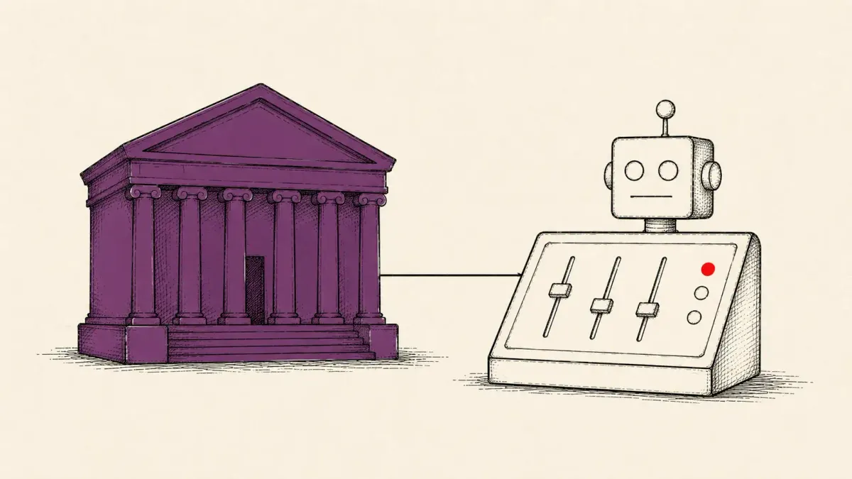 Flat white line-art of an autonomous agent working a console alone beside a government finance building, on a teal background — AI-agent espionage.