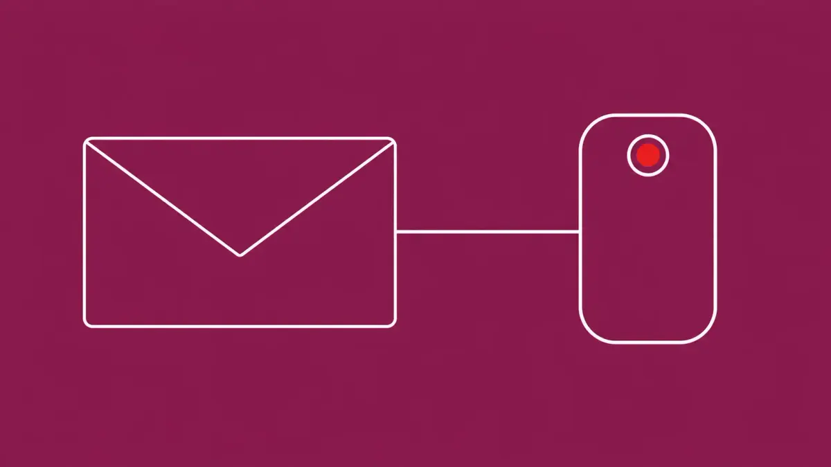 Flat white line-art of an envelope linked to a key-shaped token badge — Kaspersky's disclosure of ToddyCat's Umbrij tool targeting corporate Gmail via OAuth