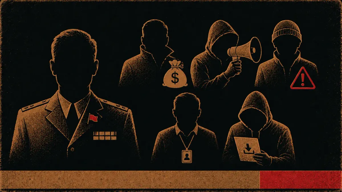 Editorial science-poster illustration of the six major threat actor categories, shown as silhouette portraits each marked with a small identifying icon.