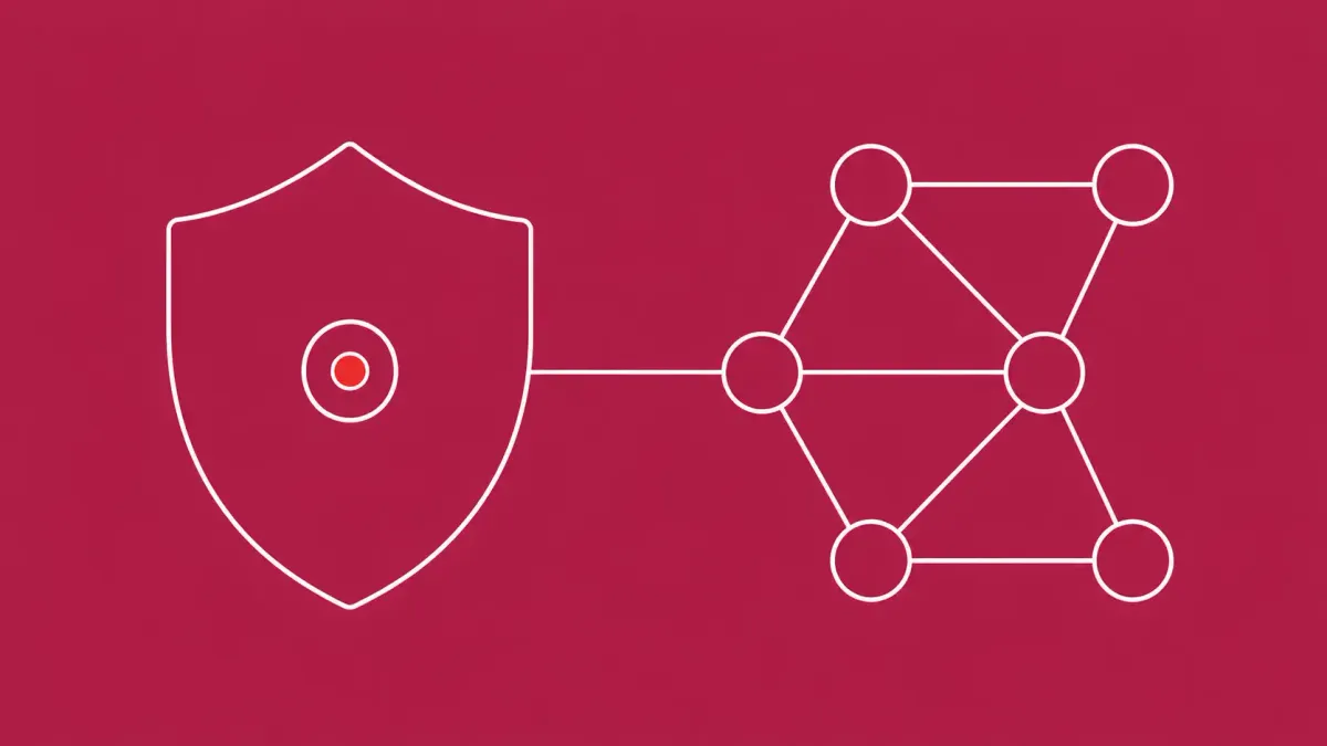 Flat white line-art of a large shield beside a network node grid — UK Cyber Shield agentic-AI defense plan and Cyber Resilience Pledge.