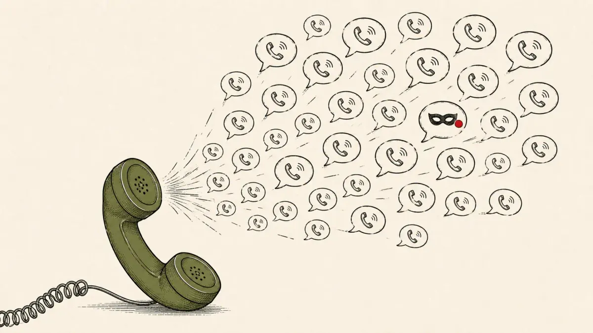 Editorial illustration of a telephone spraying call bubbles, one wearing a mask, marking UK charges over the Russian Coms fraud platform and scam calls.