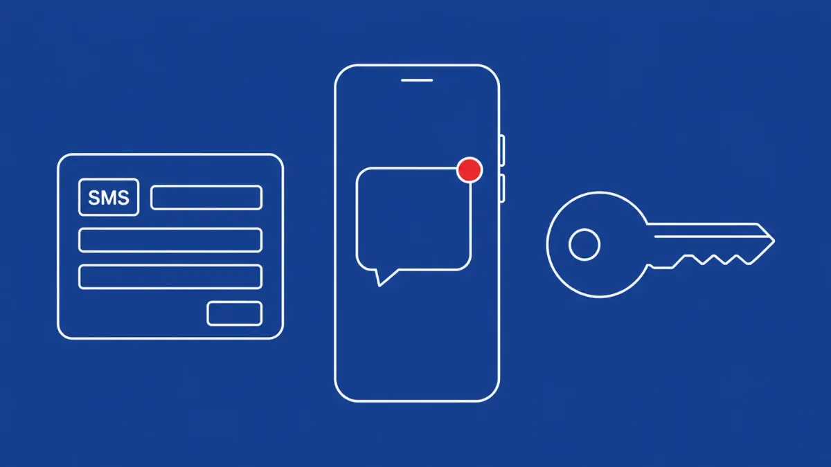 Flat white line-art of a phone with a chat bubble, an SMS form, and a key, on a Cobalt background — CERT-UA Russian-intelligence messaging-credential phishing.