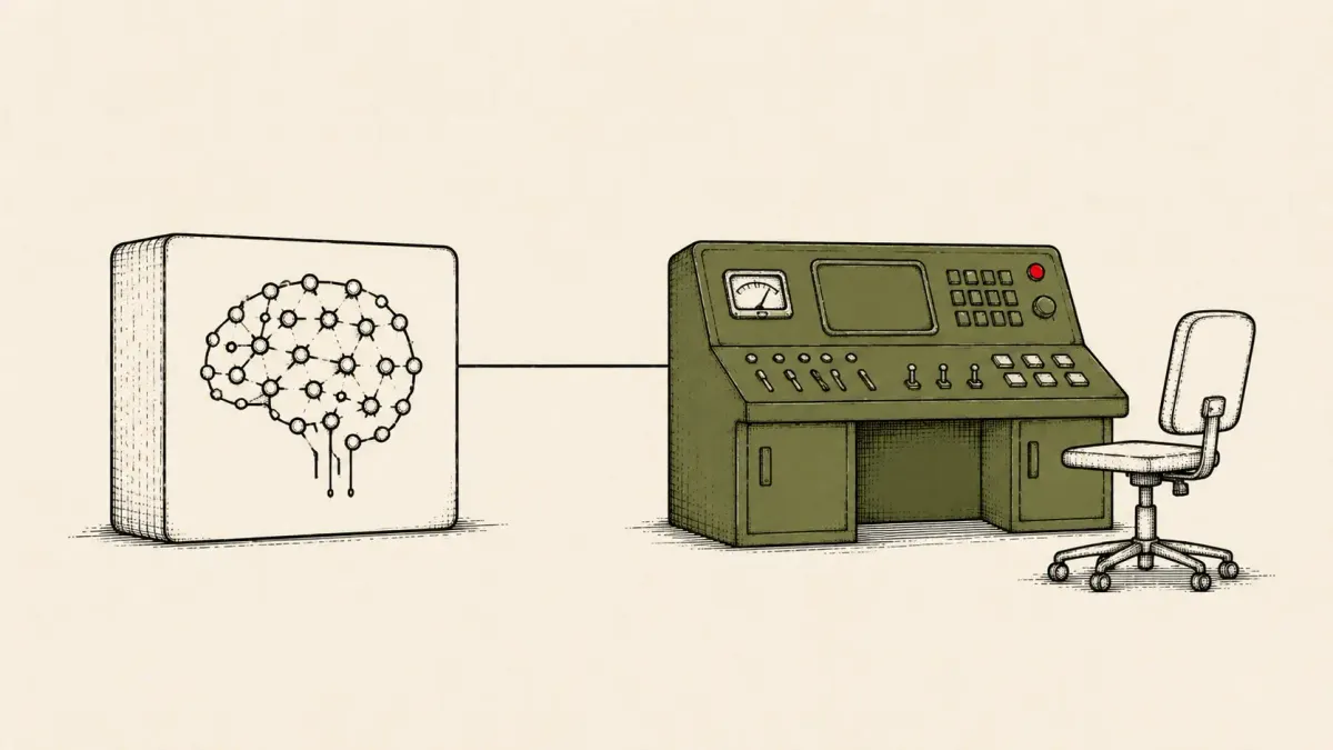 Flat white line-art of an AI model driving a hands-off control panel, on a deep-teal background — Unit 42's Chinese-speaking autonomous-AI cyberattack disclosure.