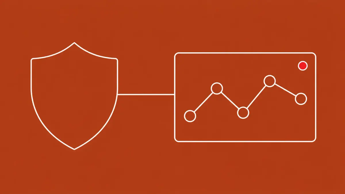 Flat white line-art of a shield beside a monitoring screen — Unit 42 analysis of The Gentlemen ransomware affiliate model.