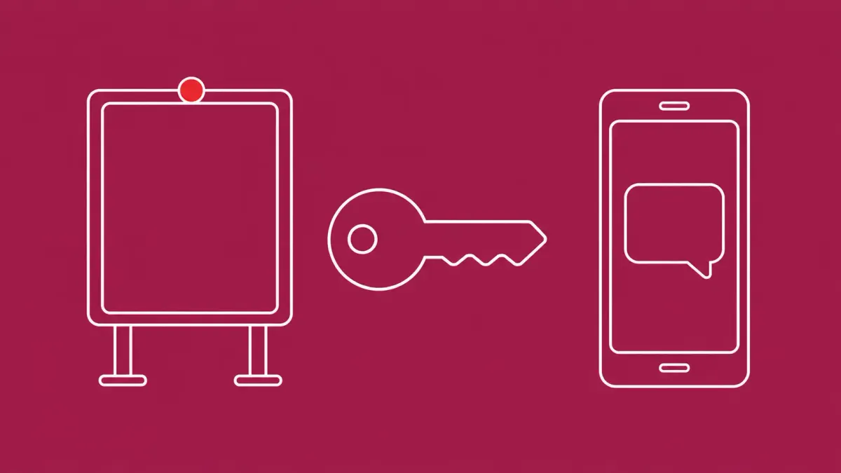 Flat white line-art of a notice board, a phone with a chat bubble, and a key, on a Raspberry background — US reward over Russian Signal and WhatsApp phishing.