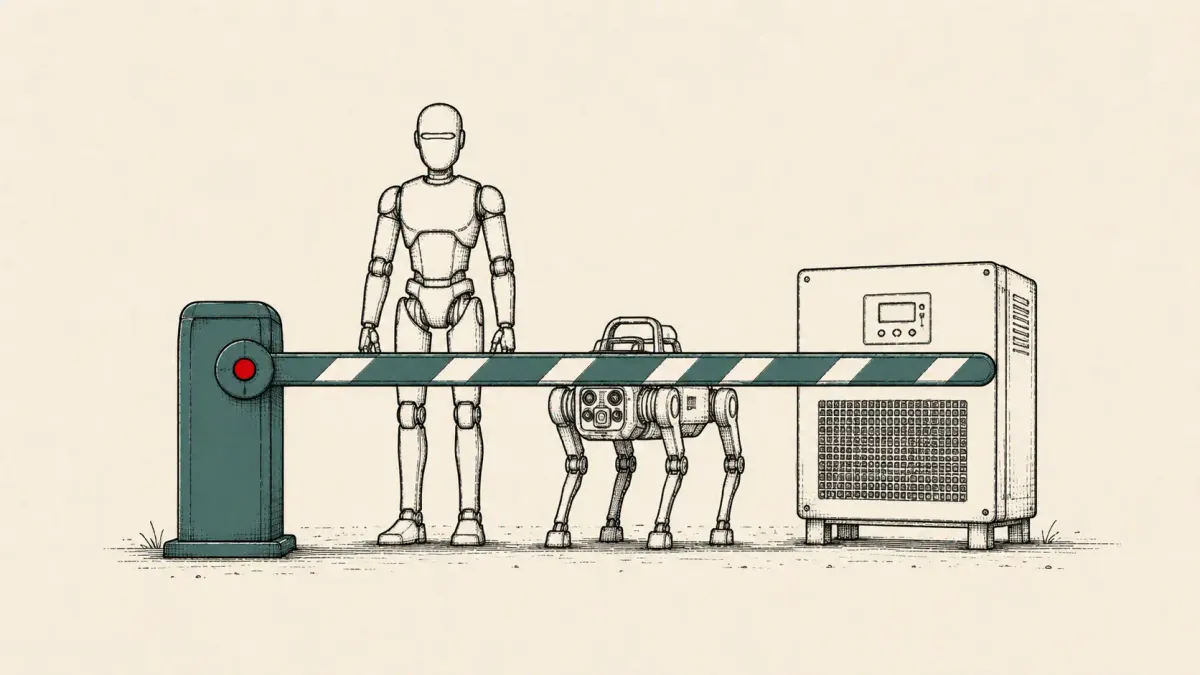 Flat white line-art of a humanoid, a four-legged robot dog, and a grid inverter behind a checkpoint barrier, on a deep-blue background - the FCC import ban.