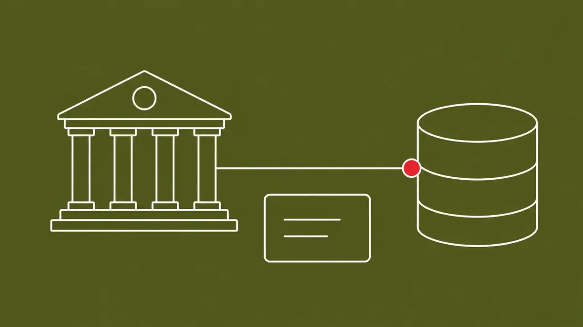 Flat white line-art of an institution building linked by a line to a database cylinder and a record card, on an Olive background — US insurance regulator Oracle-linked data breach.