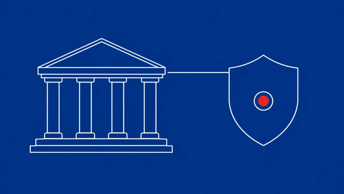 Flat white line-art of a government building beside a shield panel — US government confirms a new breach affecting federal systems.