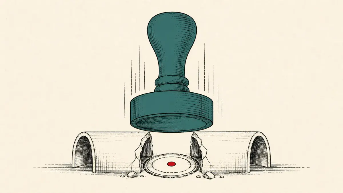 Editorial illustration of an official stamp severing a tunnel and leaving a seal, marking US Treasury sanctions on a VPN and malware cryptor seller.