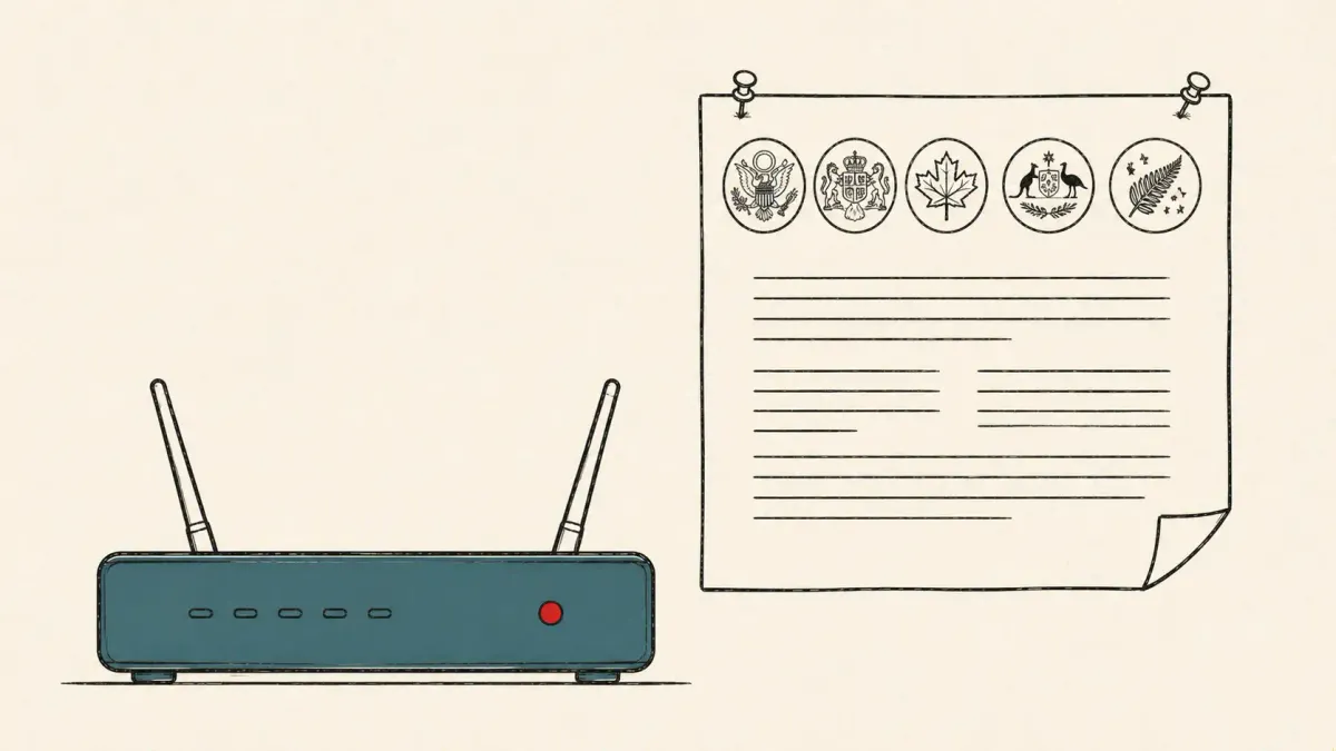 Editorial illustration of a network router beneath a multi-seal advisory notice, marking a joint US, UK and allied warning on Russian router targeting.