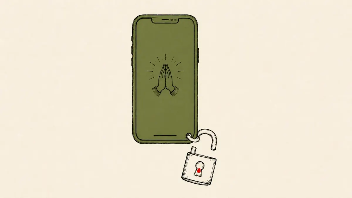 Flat white line-art of a phone prayer app beside a large open padlock, on a deep blue background — the Vatican prayer app data leak affecting 700,000+ users.
