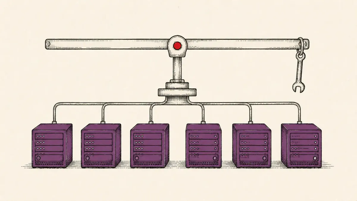Editorial illustration of a balance beam distributing load across servers with a wrench, marking VMware patches for seven Avi Load Balancer flaws.