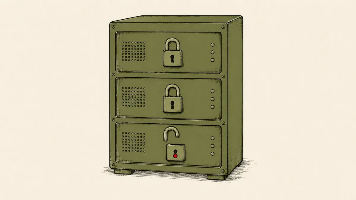 Flat white line-art of three padlocks on a stacked server tower with one open, on a deep-blue background — three critical VMware vCenter and ESX flaws patched.