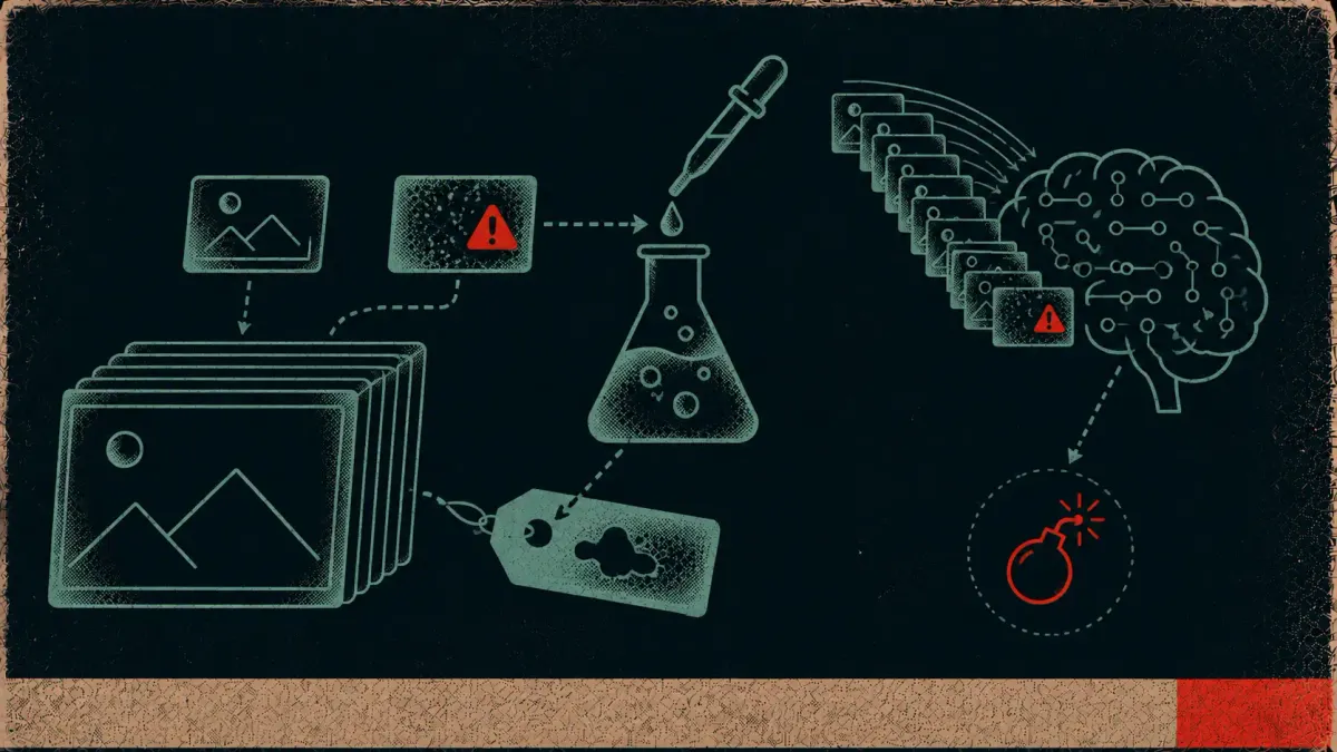 Illustration of data poisoning symbols — a training data stack, a tainted data card, a beaker with dropper, a labeled sample tag, a brain being fed data, and a hidden-trigger symbol.