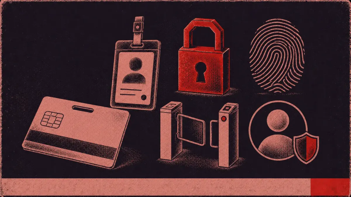 IAM symbols: keycard, ID badge, padlock, fingerprint, access gate, user avatar with shield.
