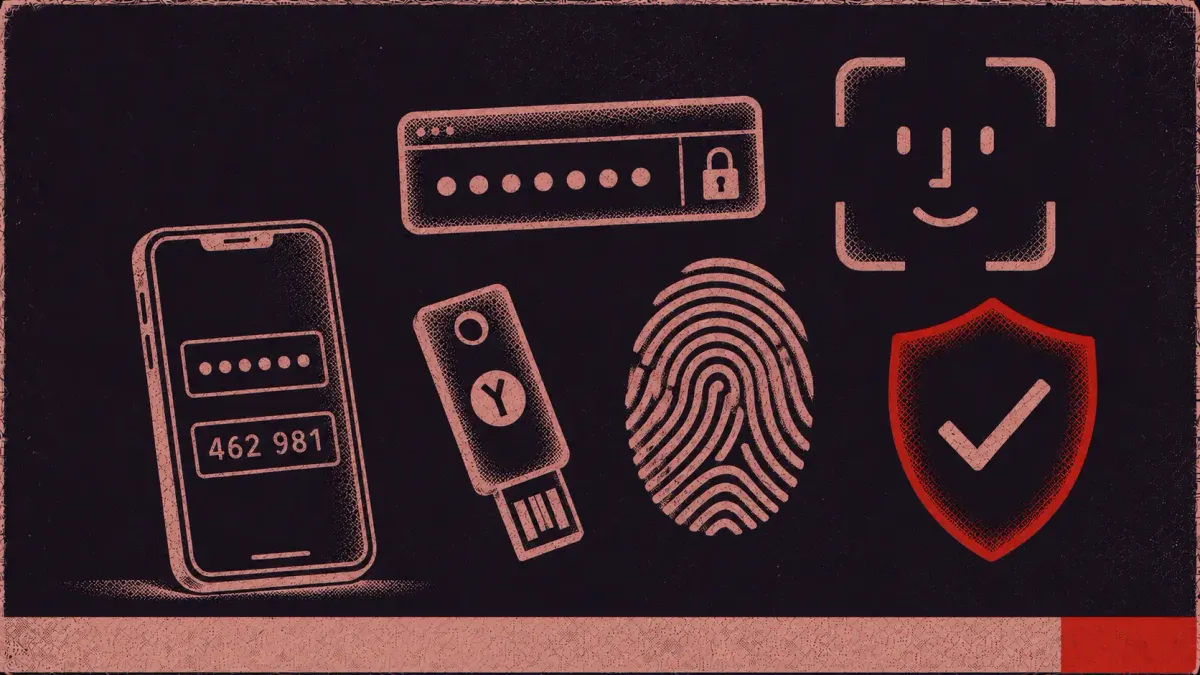 MFA symbols: password box, phone code, hardware key, fingerprint, face-ID outline, checkmark shield.