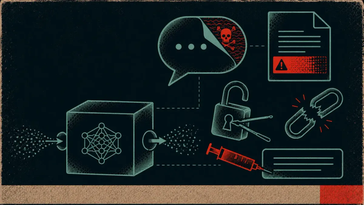 Prompt injection symbols: speech bubble with hidden instructions, warning document, LLM box, picked padlock, broken chain, syringe.