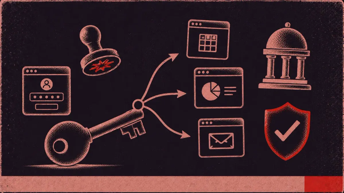 SSO symbols: central key, arrow branching to app windows, token, login form, IdP dome, checkmark shield.