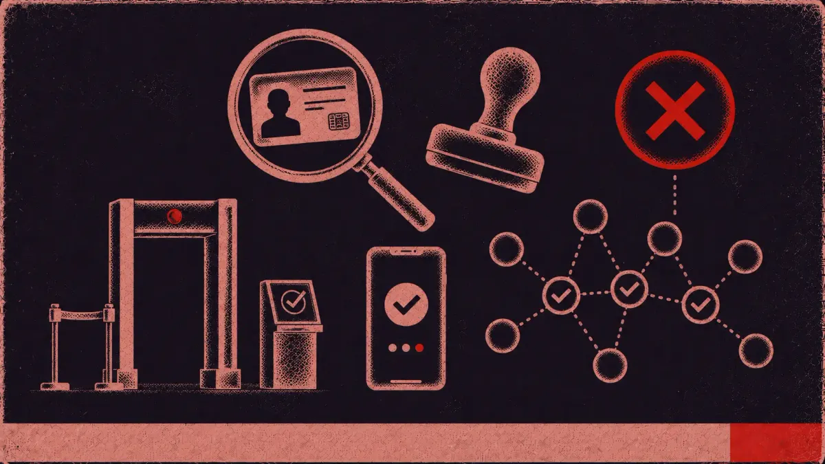Zero trust symbols: magnifier over ID card, security gate, verify stamp, X-mark, device indicator, checkpoint network.
