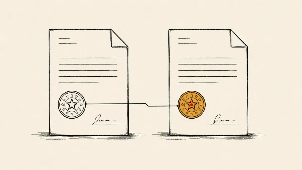 Flat white line-art of two document seals joined by a copied outline, on a slate-blue background — the White House accusation over Anthropic's Fable model.