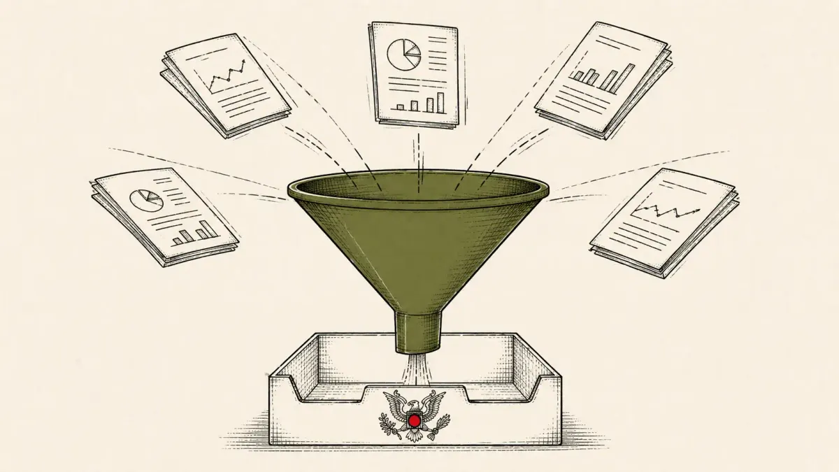 Editorial illustration of report papers funneling into an eagle-marked tray, representing the White House Gold Eagle AI cyber threat clearinghouse.