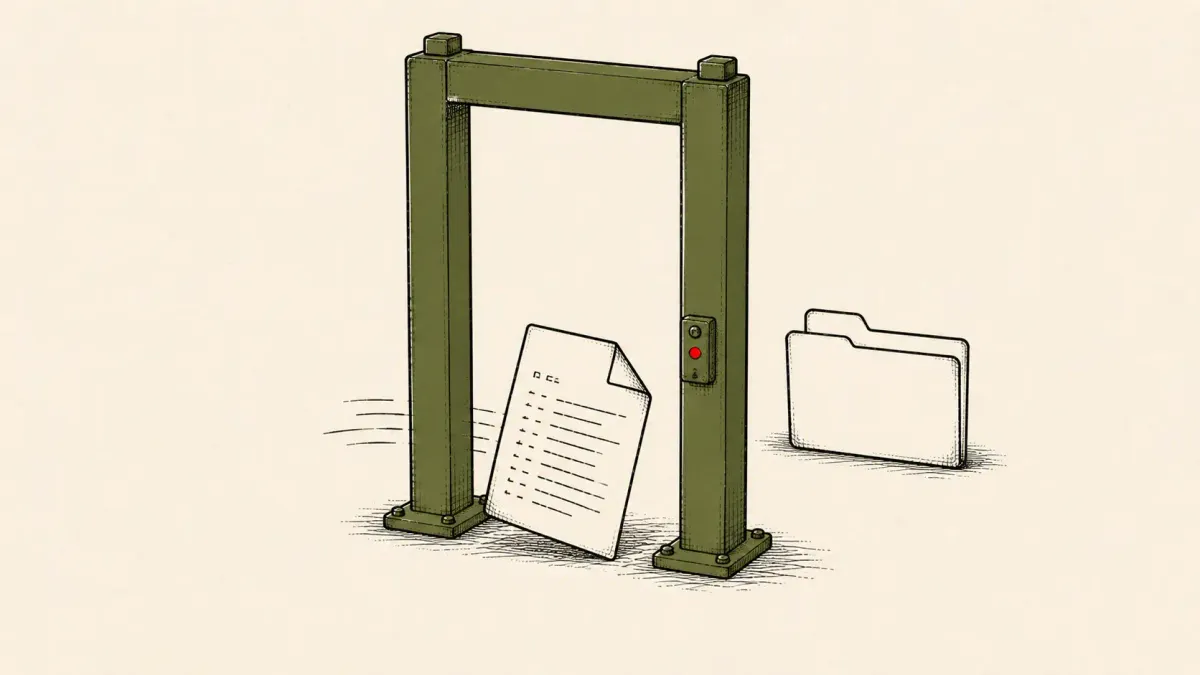 Flat white line-art of a log-file document passing through an open gate frame, on a teal background — Windmill CVE-2026-29059 path-traversal vulnerability.