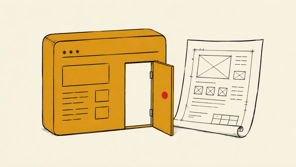 Editorial illustration of a website building block with an open back door and a blueprint beside it, marking the wp2shell WordPress Core unauthenticated RCE.