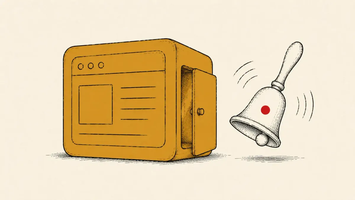 Editorial illustration of a website building block with an open door and an alarm bell ringing, marking active exploitation of the wp2shell WordPress vulnerabilities.