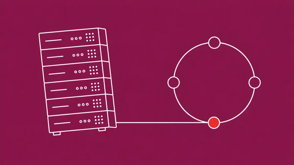 Flat white line-art of a leaning server tower beside a broken network ring — XRING XQUIC HTTP/3 server-crash research disclosure.