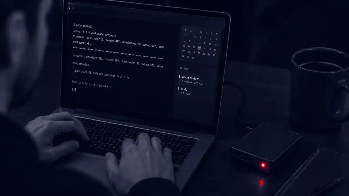 Editorial illustration for a report on 14 trojanized npm packages delivering the RedC2 4.0 Linux backdoor with AI-assisted command-and-control.