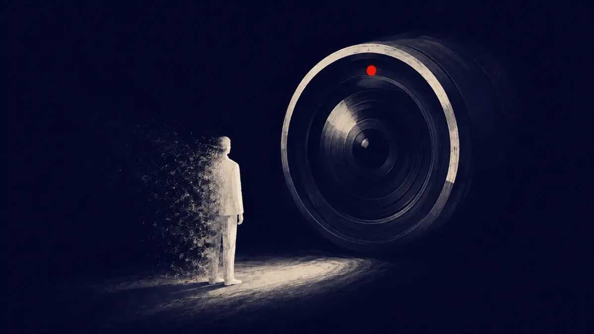 Flat white line-art of a patterned jacket and car passing a surveillance camera that fails to detect them, on a saturated background with one red dot.