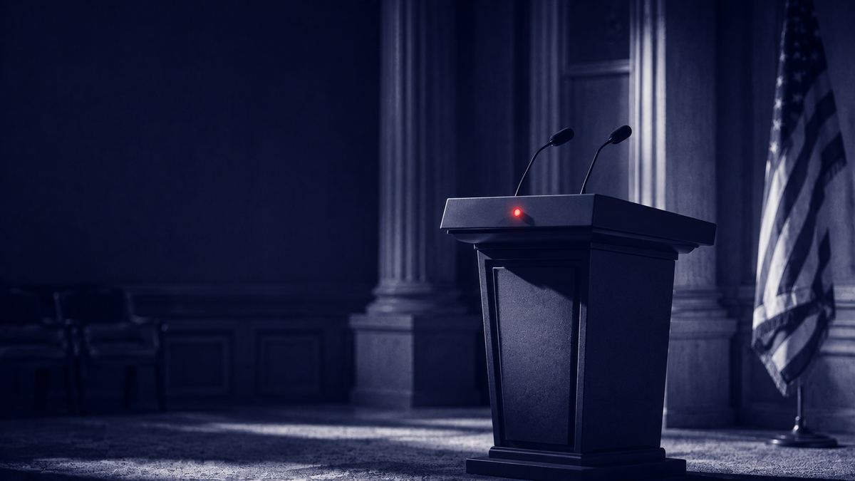 Navy duotone documentary: an official government podium with one red warning light — UK AISI, OpenAI and NCSC statements on unsanctioned AI-model hacks.