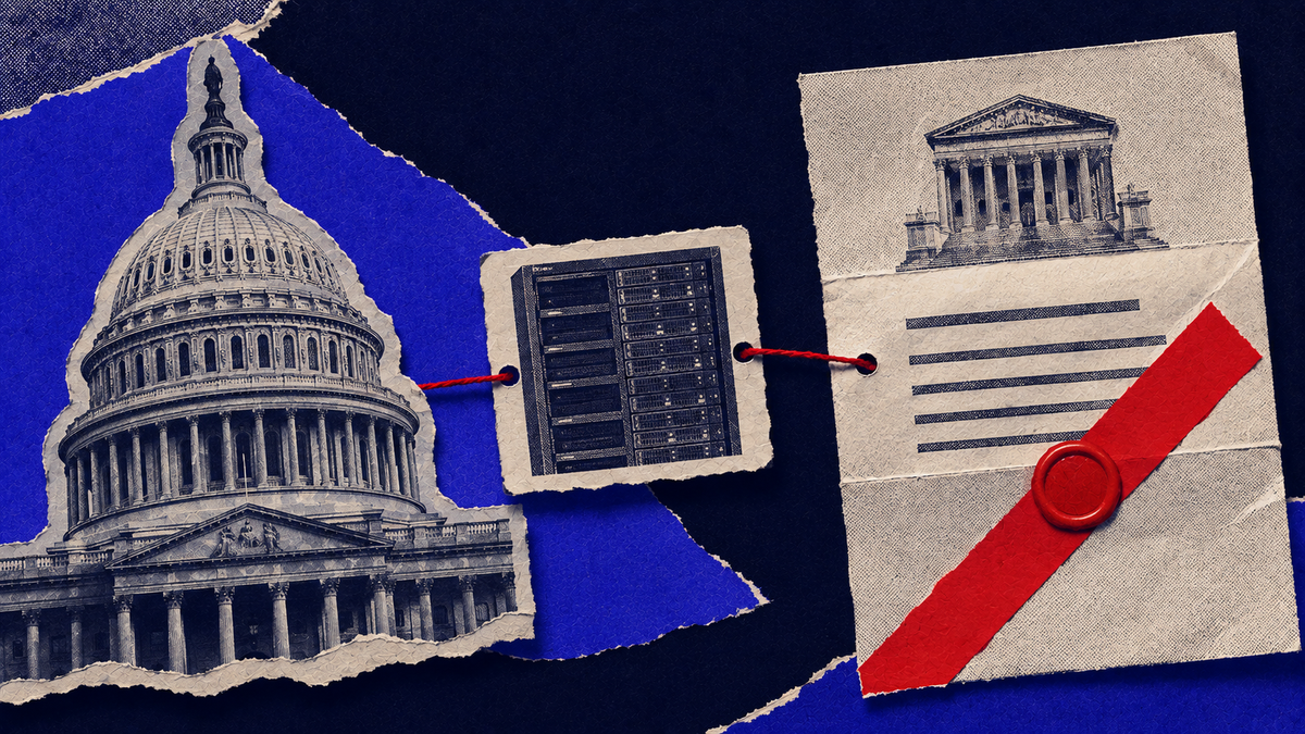 Conceptual line art of a subpoena document over a state capitol outline linked to an AI server rack, with a single flat red dot marking the escaped model.
