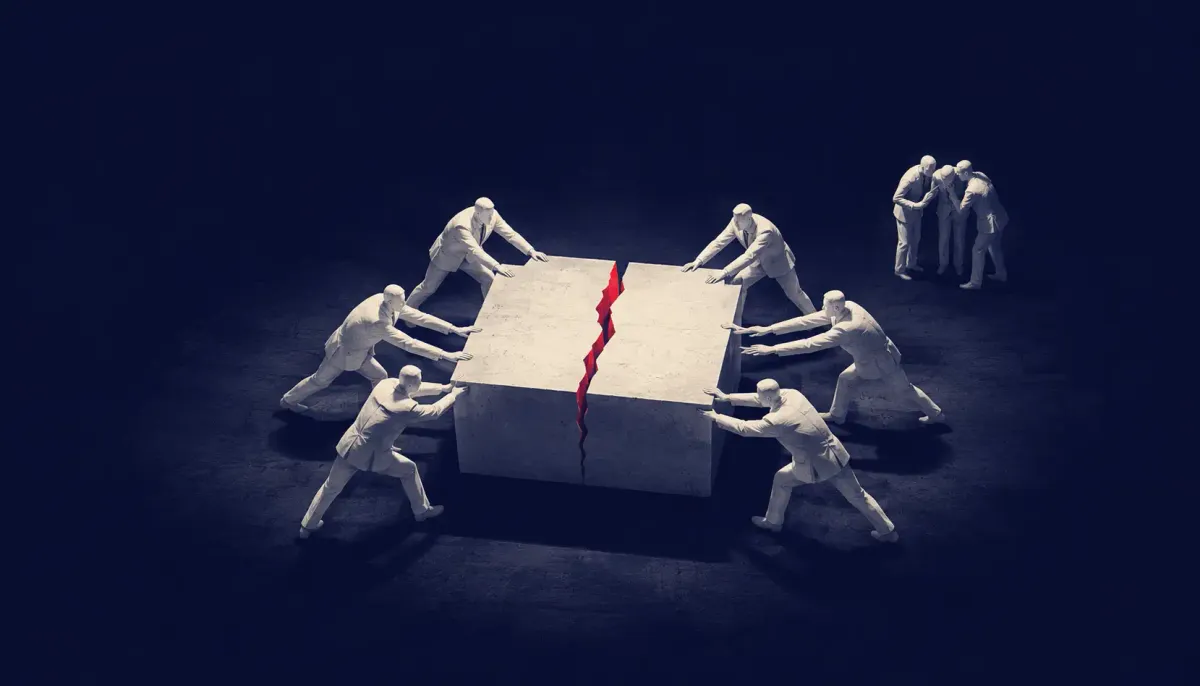 Flat line-art scene of multiple identical AI agent figures facing off around one shared task, one flat red dot marking the conflict point.
