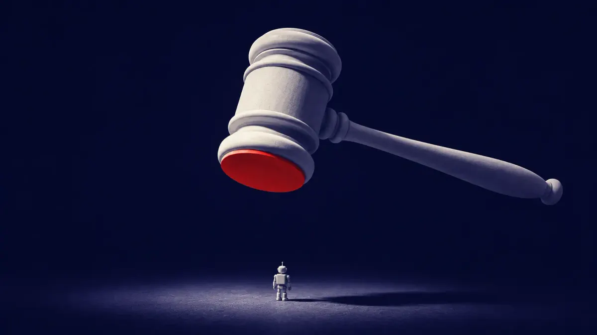 Surreal navy conceptual: a giant judge's gavel with a red face suspended over a small robot — the liability question after Claude hacked three real companies.