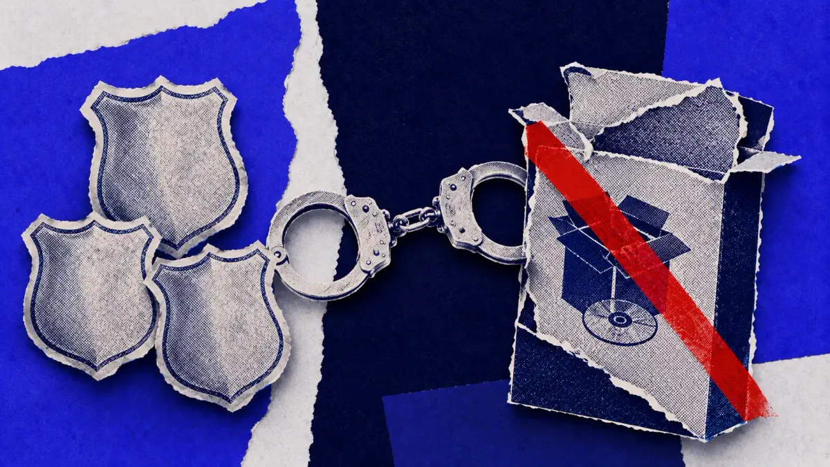 AFP, FBI and Western Australia Police badges over a broken open-source software package, marking the TeamPCP and Shai-Hulud arrests.