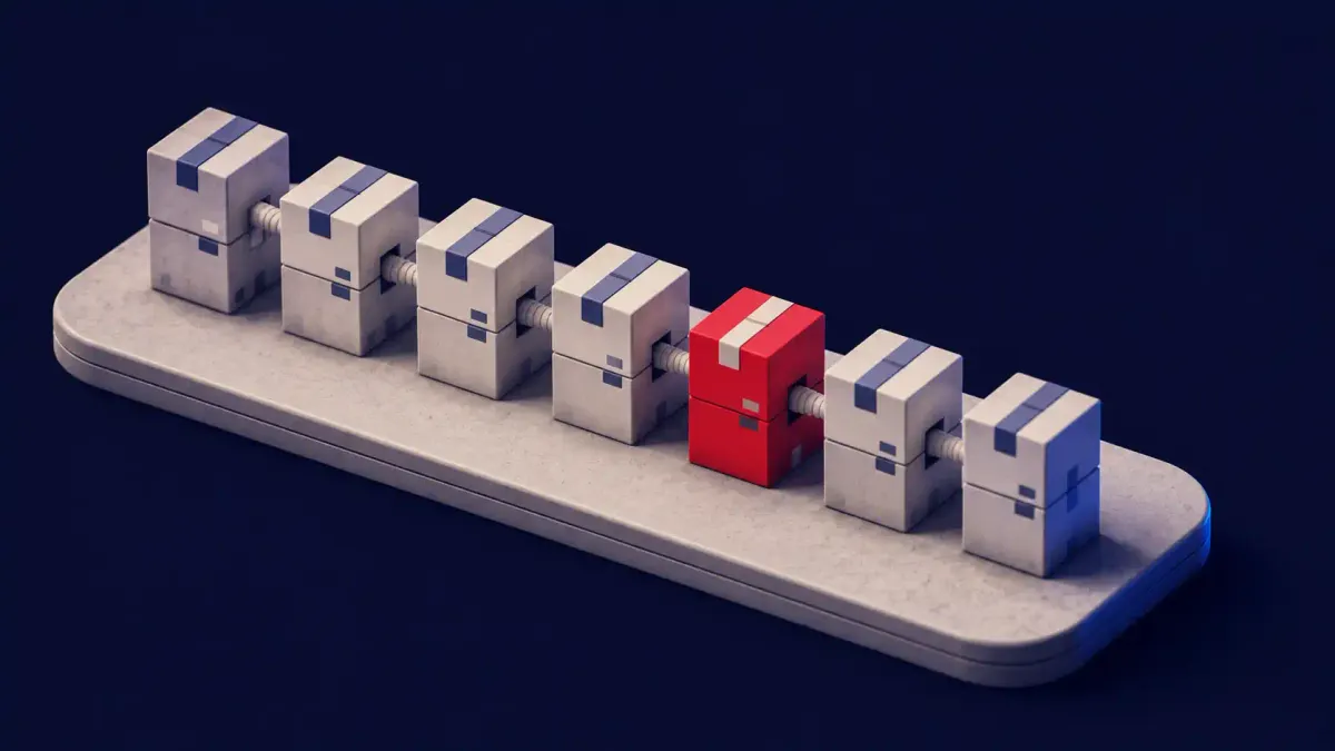 Flat white line art of an npm package box dropping a chain of smaller boxes into a developer terminal, one flat red dot marking the poisoned package.