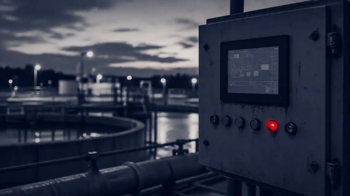 White line-art of a water treatment facility and an exposed controller on deep navy, with a single flat red dot marking an internet-facing PLC.