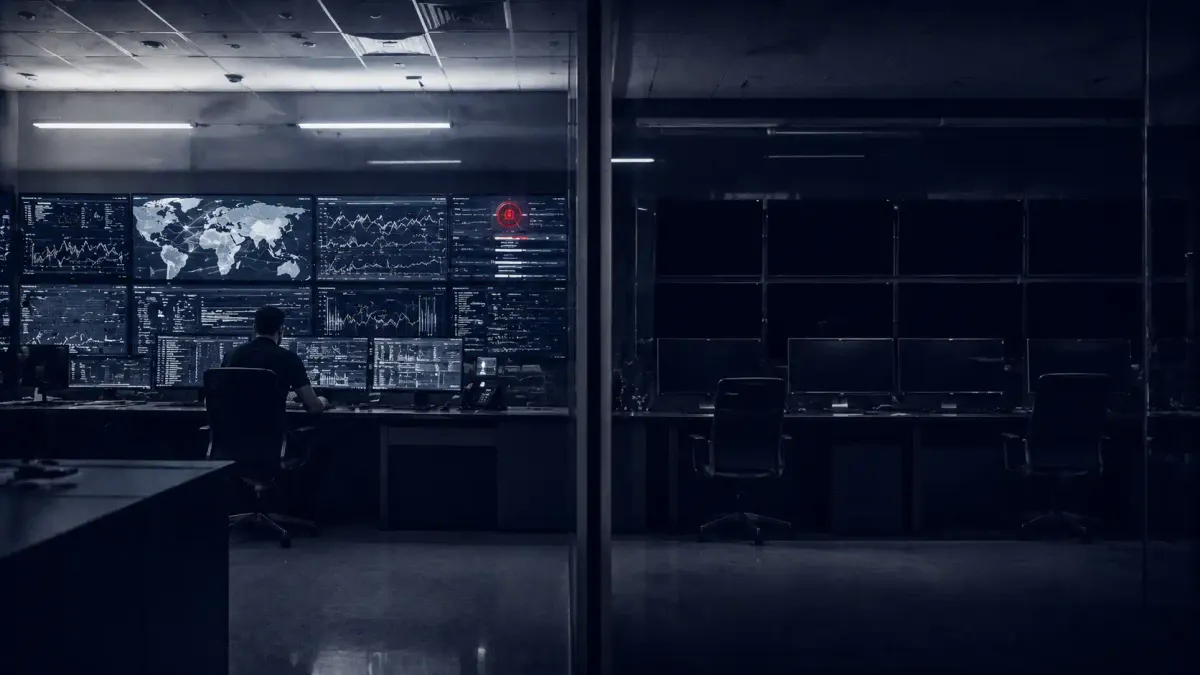 White line-art of two security operations centers on deep navy, one alert and one dark, with a single flat red dot marking the missed alarm.