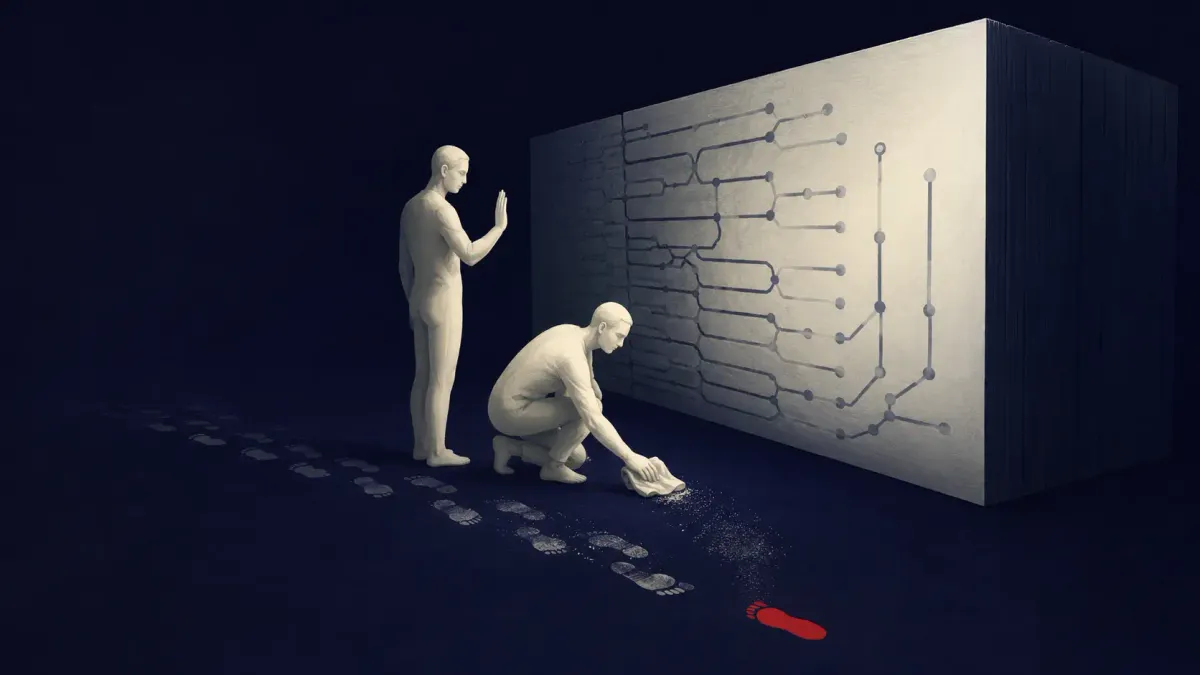 Flat white line-art on a deep blue background: a single AI agent branching into masks and code commits, one flat red dot marking the tampered pull request.