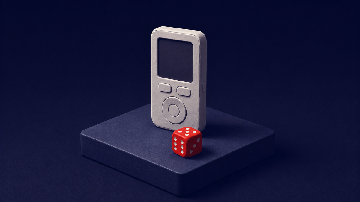 Isometric clay diorama on deep navy: a Bitcoin hardware wallet beside a single red loaded die — the Coldcard firmware PRNG flaw behind a $70M crypto theft.
