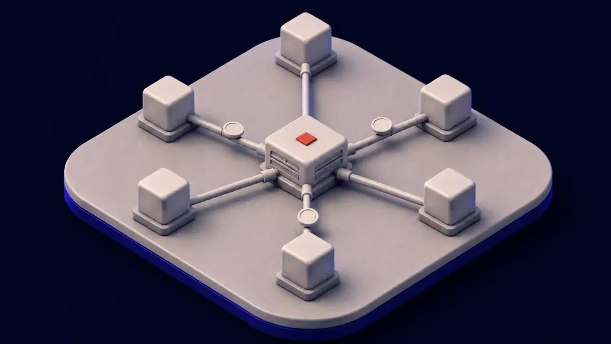 Isometric illustration of one shared code module linked to six blockchain nodes, one node marked with a flat red alert dot.