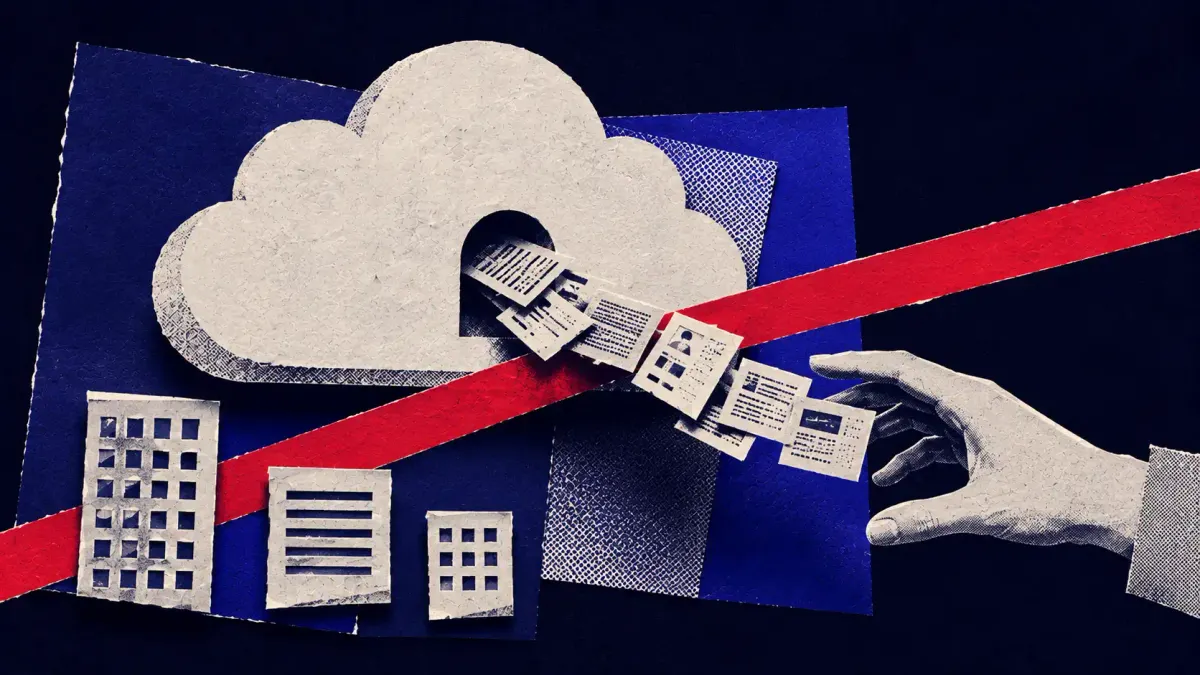 Flat white line-art of a corporate cloud directory being copied out of an Azure tenant, one flat red dot, on a deep navy background.