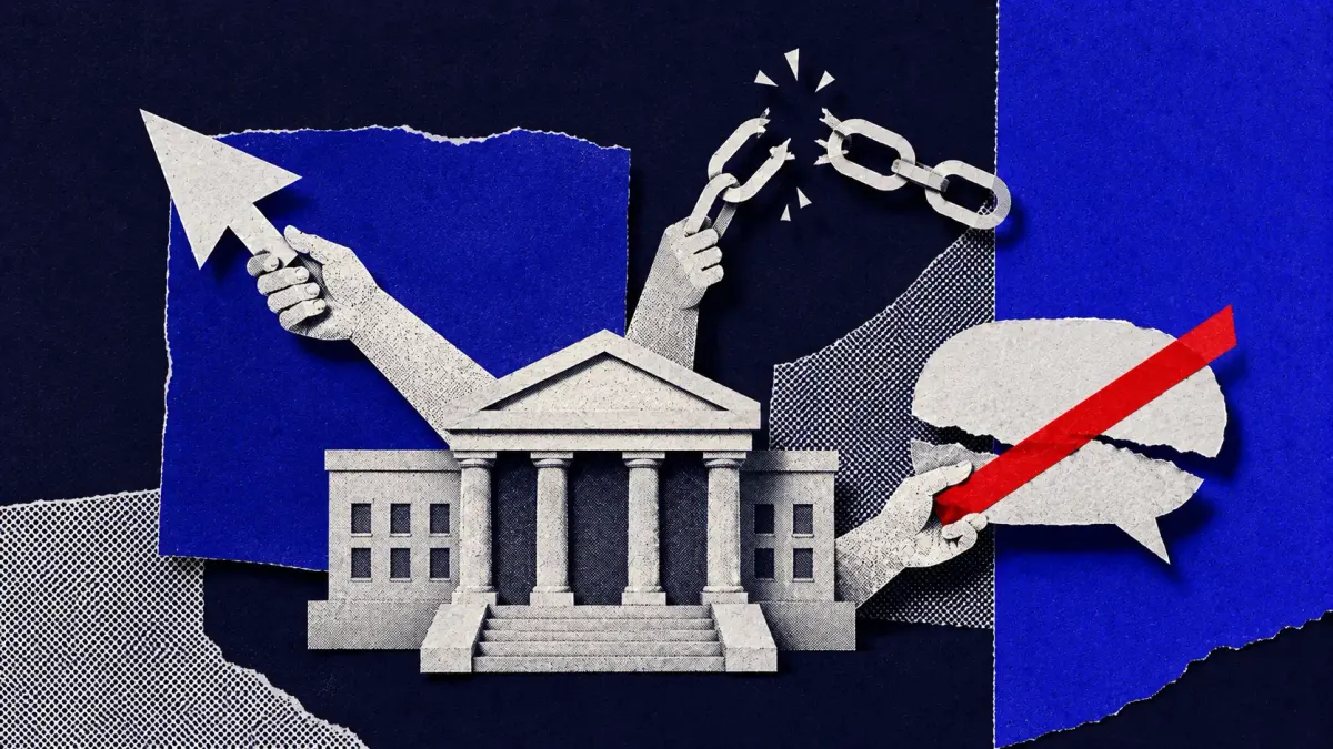White line-art of a spy agency building with three arrows to a microchip, a cargo crate, and a speech bubble on a navy background, with one flat red dot.